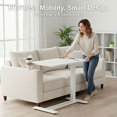 KSIZUIS Pneumatic Overbed Table - Mobile Adjustable Desk with Wheels for Hospital & Home Use