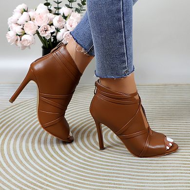 Strappy Peep-Toe Stiletto Booties with Wraparound Ankle Straps