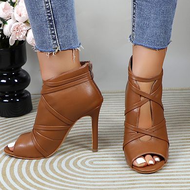 Strappy Peep-Toe Stiletto Booties with Wraparound Ankle Straps