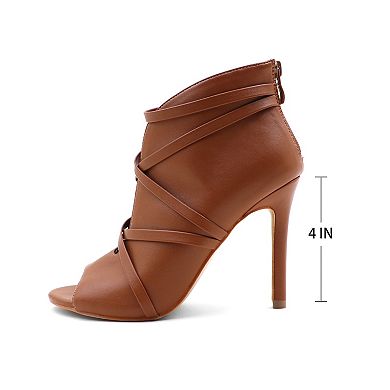 Strappy Peep-Toe Stiletto Booties with Wraparound Ankle Straps