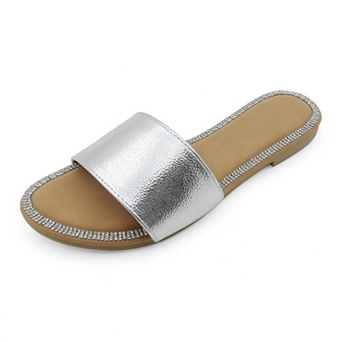 Minimal Slide Sandals with Crystal-Trimmed Footbed