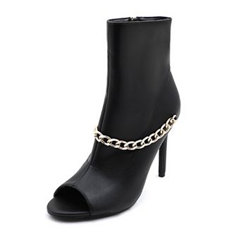 Chic Peep-Toe Ankle Boots with Elegant Chain Detail - High Heel Fashion Footwear