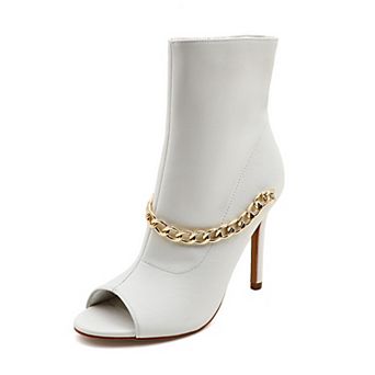 Chic Peep-Toe Ankle Boots with Elegant Chain Detail - High Heel Fashion Footwear