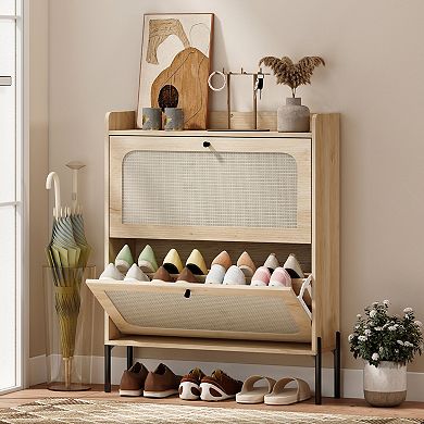 HOMCOM Shoe Cabinet with 2 Flip Drawers, Narrow Shoe Storage Cabinet,