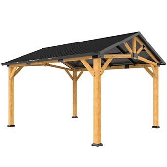 Outsunny 13ft x 11ft Hardtop Gazebo with Galvanised Metal Roof, Wood Frame
