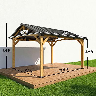Outsunny 13ft x 11ft Hardtop Gazebo with Galvanised Metal Roof, Wood Frame