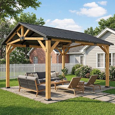 Outsunny 13ft x 11ft Hardtop Gazebo with Galvanised Metal Roof, Wood Frame