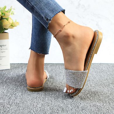 Crystal-Embellished Slide Sandals with Rhinestone Trim