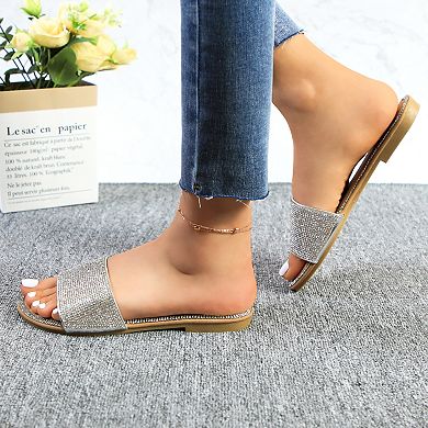 Crystal-Embellished Slide Sandals with Rhinestone Trim