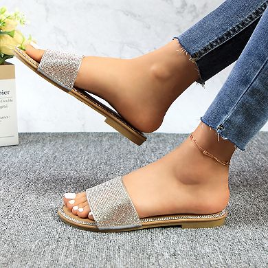 Crystal-Embellished Slide Sandals with Rhinestone Trim