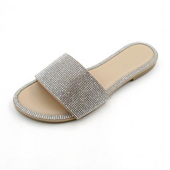 Crystal-Embellished Slide Sandals with Rhinestone Trim