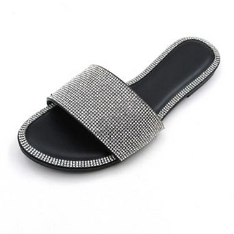 Crystal-Embellished Slide Sandals with Rhinestone Trim