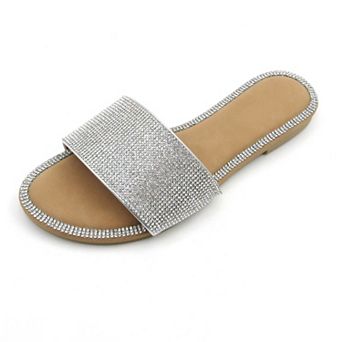 Crystal-Embellished Slide Sandals with Rhinestone Trim