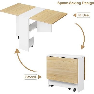 Folding Dining Table, Saving Collapsible Drop Leaf Extension Desk with 2 Tier Storage and Wheel