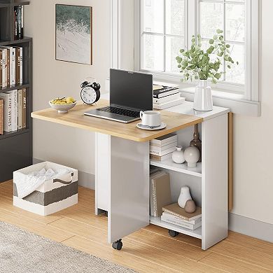 Folding Dining Table, Saving Collapsible Drop Leaf Extension Desk with 2 Tier Storage and Wheel
