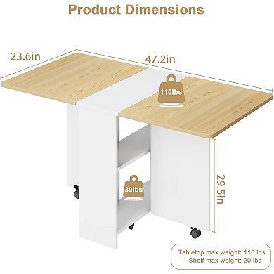 Folding Dining Table, Saving Collapsible Drop Leaf Extension Desk with 2 Tier Storage and Wheel