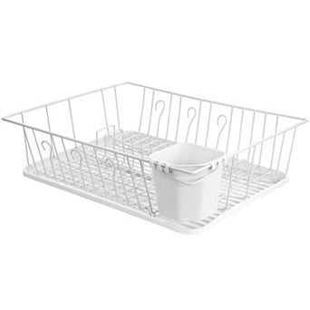 Megachef Pro 17.5 Inch White Single Level Dish Rack with 14 Plate Positioners and Utensil Holder