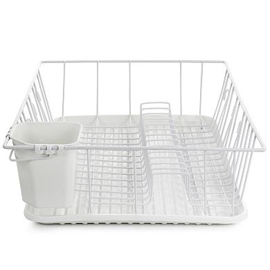 Megachef Pro 17.5 Inch White Single Level Dish Rack with 14 Plate Positioners and Utensil Holder