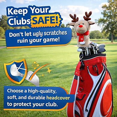 Reindeer Golf Club Driver Headcover with Red Scarf