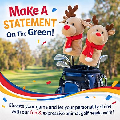 Reindeer Golf Club Driver Headcover with Red Scarf