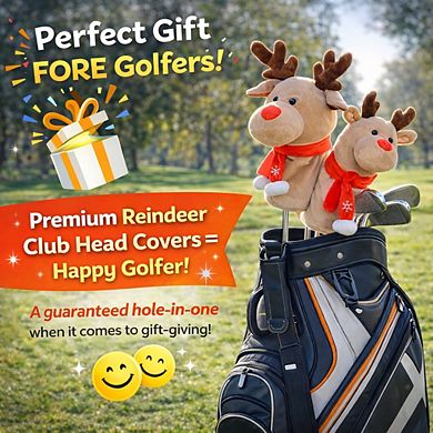 Reindeer Golf Club Driver Headcover with Red Scarf
