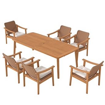 SUNSITT 7 pc Outdoor Patio Dining Set, 82" Acacia Wood Outdoor Dining Table Set with 6 Chairs