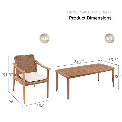 SUNSITT 7-Piece Outdoor Patio Dining Set, 82" Acacia Wood Outdoor Dining Table Set with 6 Chairs