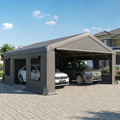 Outsunny 20' x 20' Heavy Duty Carport, Portable Garage with Doors, Windows