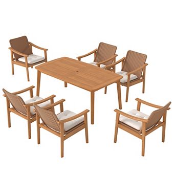 SUNSITT 7 pc Outdoor Patio Dining Set, 63" Acacia Wood Outdoor Dining Table Set with 6 Chairs
