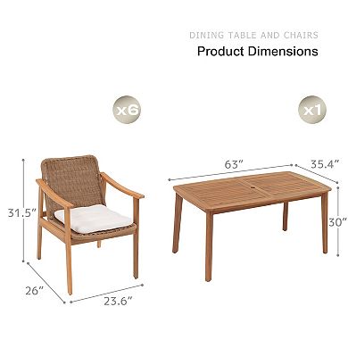 SUNSITT 7-Piece Outdoor Patio Dining Set, 63" Acacia Wood Outdoor Dining Table Set with 6 Chairs