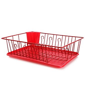 Megachef Pro 17.5 Inch Red Dish Rack with 14 Plate Positioners and a Detachable Utensil Holder