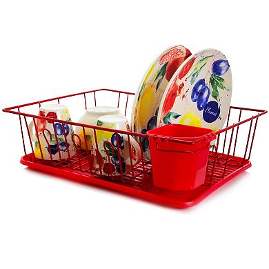 Megachef Pro 17.5 Inch Red Dish Rack with 14 Plate Positioners and a Detachable Utensil Holder