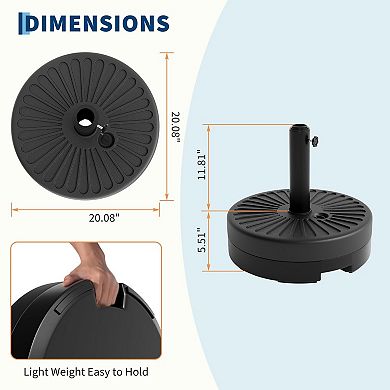 Round Patio Umbrella Base, 20" Stand Fillable Umbrella Stand w/Adjustable Steel Pole Adapters