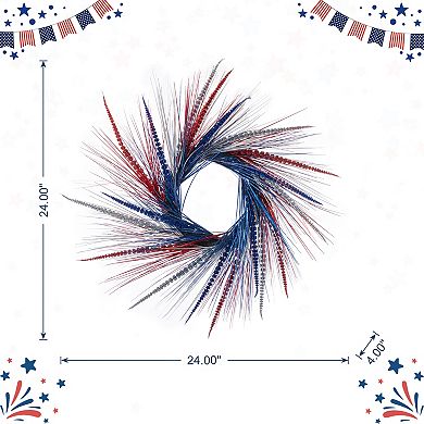 Glitzhome 24"D Patriotic/ Americana Tinsel and Heather Wreath