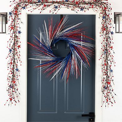 Glitzhome 24"D Patriotic/ Americana Tinsel and Heather Wreath