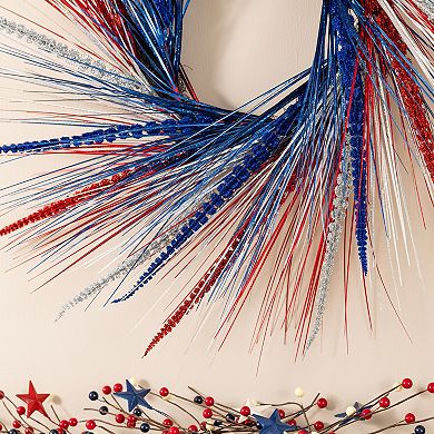 Glitzhome 24"D Patriotic/ Americana Tinsel and Heather Wreath