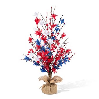 Glitzhome 21"H Patriotic Table Tree, Patriotic / Americana Red&White&Blue Floral Tabletop Decor