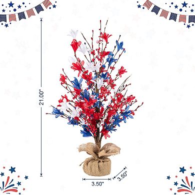 Glitzhome 21"H Patriotic Table Tree, Patriotic / Americana Red&White&Blue Floral Tabletop Decor