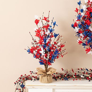 Glitzhome 21"H Patriotic Table Tree, Patriotic / Americana Red&White&Blue Floral Tabletop Decor