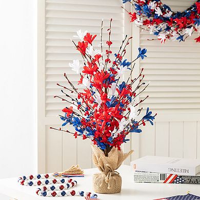 Glitzhome 21"H Patriotic Table Tree, Patriotic / Americana Red&White&Blue Floral Tabletop Decor