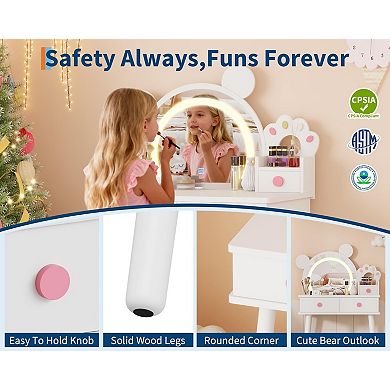 Kids Vanity Table and Chair Set,Wooden Makeup Desk with Storage Drawers, Touch Control LED