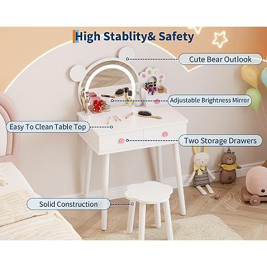 Kids Vanity Table and Chair Set,Wooden Makeup Desk with Storage Drawers, Touch Control LED