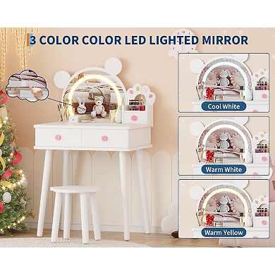 Kids Vanity Table and Chair Set,Wooden Makeup Desk with Storage Drawers, Touch Control LED