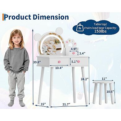 Kids Vanity Table and Chair Set,Wooden Makeup Desk with Storage Drawers, Touch Control LED
