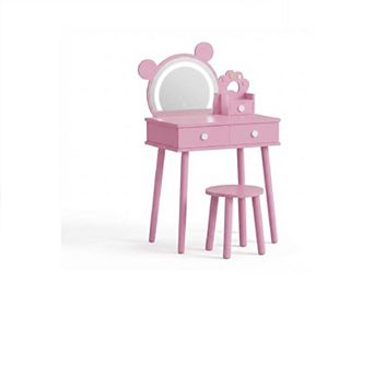 Kids Vanity Table and Chair Set,Wooden Makeup Desk with Storage Drawers, Touch Control LED