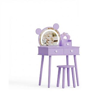 Kids Vanity Table and Chair Set,Wooden Makeup Desk with Storage Drawers, Touch Control LED