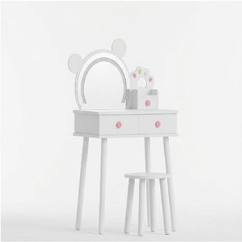 Kids Vanity Table and Chair Set,Wooden Makeup Desk with Storage Drawers, Touch Control LED