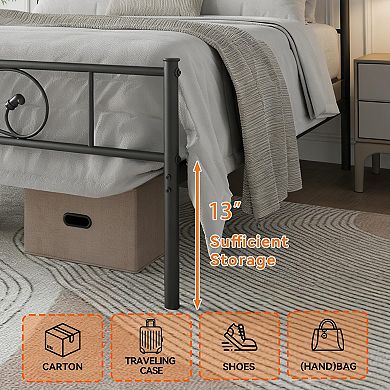 Metal Platform Bed Frame w/ Fist Design Headboard & Footboard, Under Bed Storage