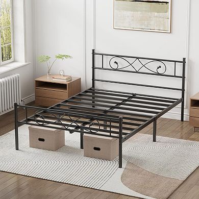Metal Platform Bed Frame w/ Fist Design Headboard & Footboard, Under Bed Storage