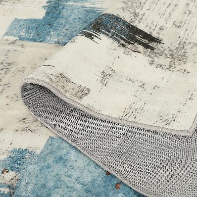 Pearl Velvet Washable Foldable Printed Carpet Abstract Blue Grey